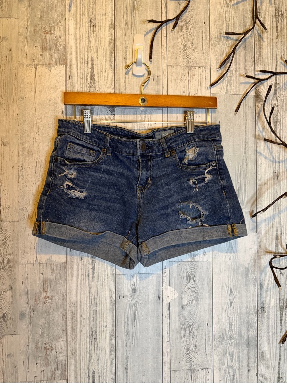 Aeropostale Dark Blue Distressed Rolled Hem Denim Shorts